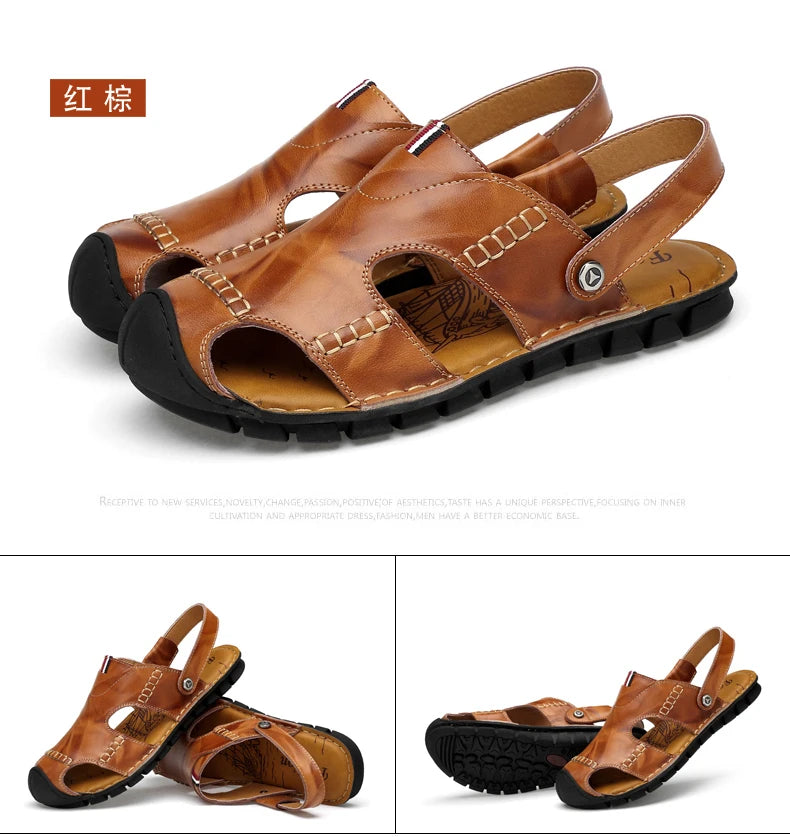 Men Sandals Summer Leather Men Shoes Breathable Walking Beach Slippers Outdoor Sandals Flat Casual  High Quality Fashion Sandals