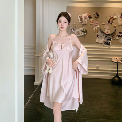 Robe Gown Sets Women Summer Silk Dress Leisure Elegant 2pcs Sleep Lounge Robe Sleepwear Womens Nightdress Soft Bathrobe