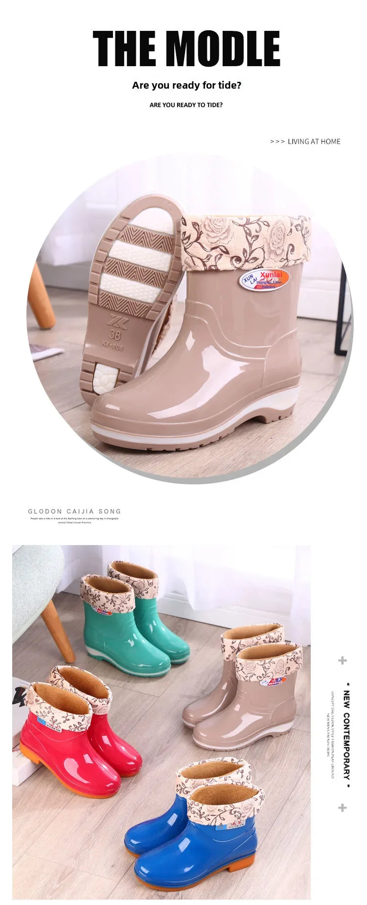 Women's Short Rain Shoes Non-slip Waterproof Rubber Boots Durable Wear-resistant Rain Boots Fleece Lined Warm Shoes Wholesale