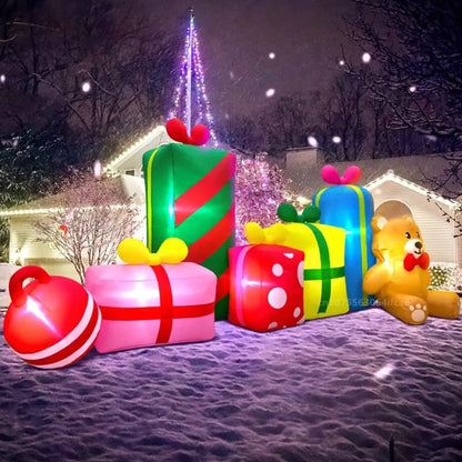 3M Christmas Inflatables Bear And Six Gift Boxes Built-in LED Lights Inflated Model Toy Outdoors Xmas Festival Party Yard Props