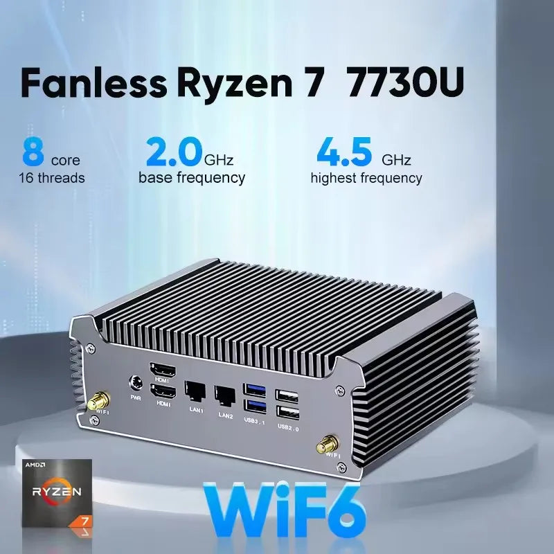 Topton Fanless AMD Mini Computer FU02 Ryzen 7 7730U 5825U R5 5625U 4500U Gaming PC Dual LAN Firewall 2*HDMI2.0 NVMe DDR4 WiFi6