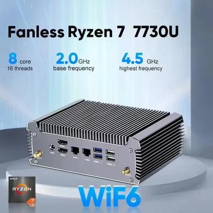 Topton Fanless AMD Mini Computer FU02 Ryzen 7 7730U 5825U R5 5625U 4500U Gaming PC Dual LAN Firewall 2*HDMI2.0 NVMe DDR4 WiFi6
