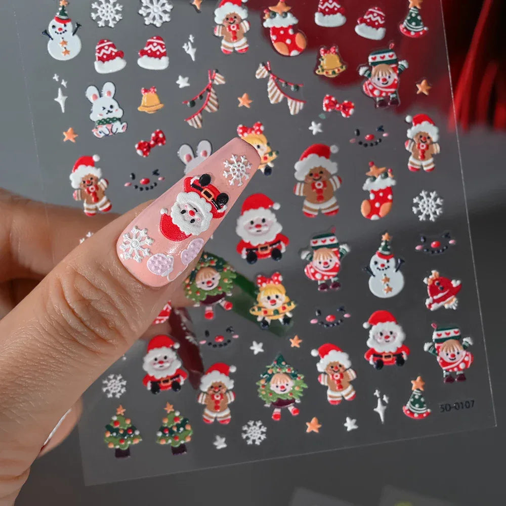 1pc Christmas Nail Art Stickers 5D Winter Holiday Themed Nail Decor Santa/Snowflakes/Christmas Trees/Gingerbread Nail Supplies *