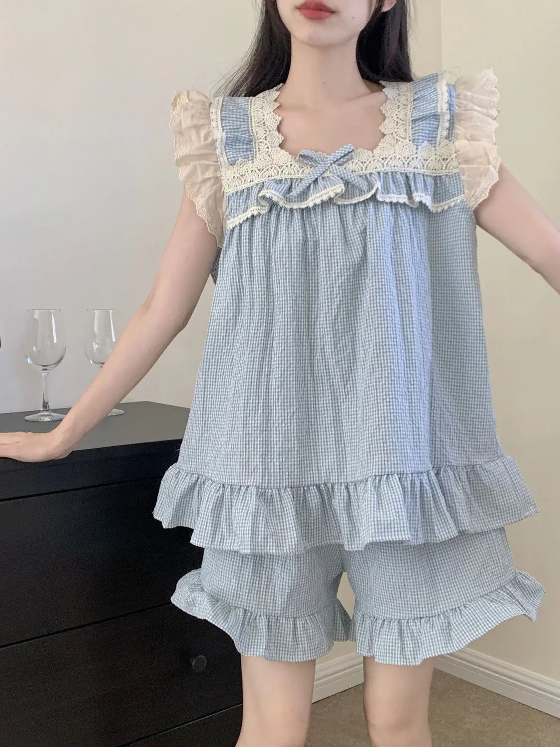 Pajama Sets Women Kawaii Tender Summer Bow Design Girlish Fashion Japanese Style Ruffles Sleepwear Home Student Casual Dormitory