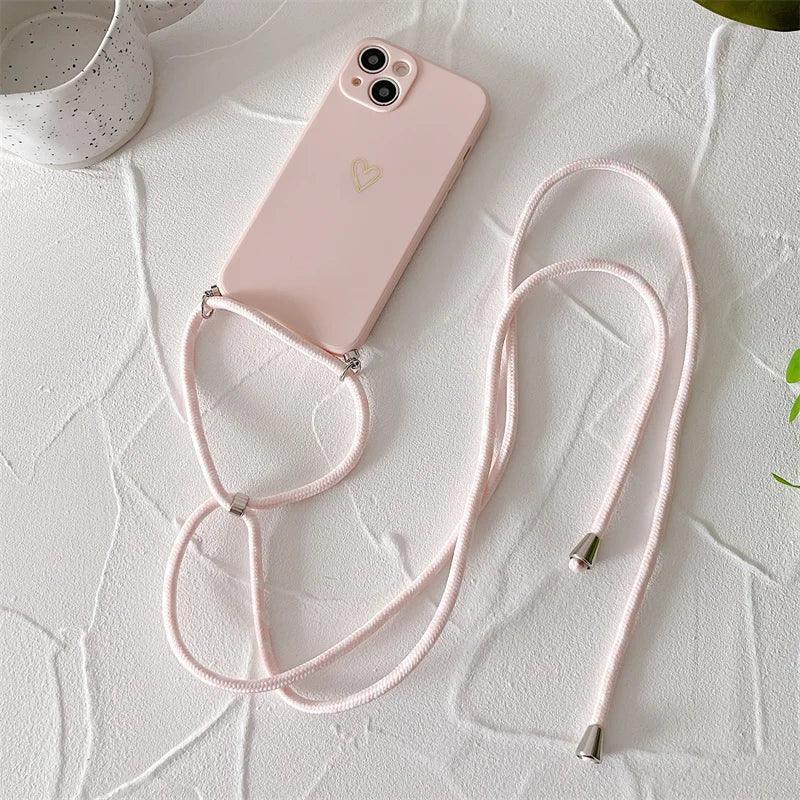 Crossbody Lanyard Silicone Phone Case For iPhone 15 14 11 12 13 Pro Max Mini 8 7 6 Plus 10 X Xr Xs Max SE 2020 Love Heart Cover