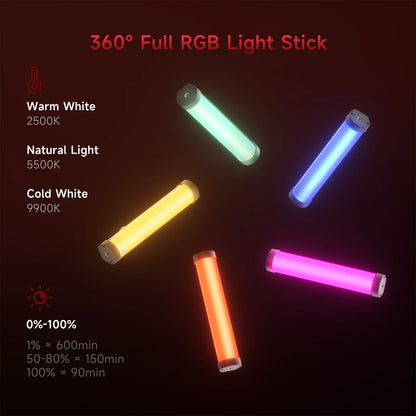 PHOTOOLEX RGB Video Light Handheld Magnetic Tube Light Design  2500K-9000K Photography Studio Lamp 12 Light Effects LED Tube