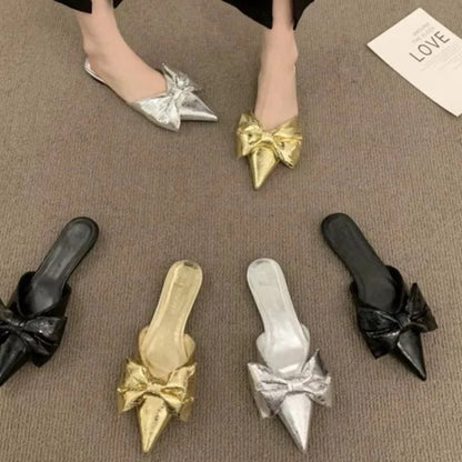 New Bowtie Mule Shoes Women Fashion Pointed Toe Stripe Wave Slip-on Sandals Ladies Luxury Satin Silk Outdoor Flat Slippers