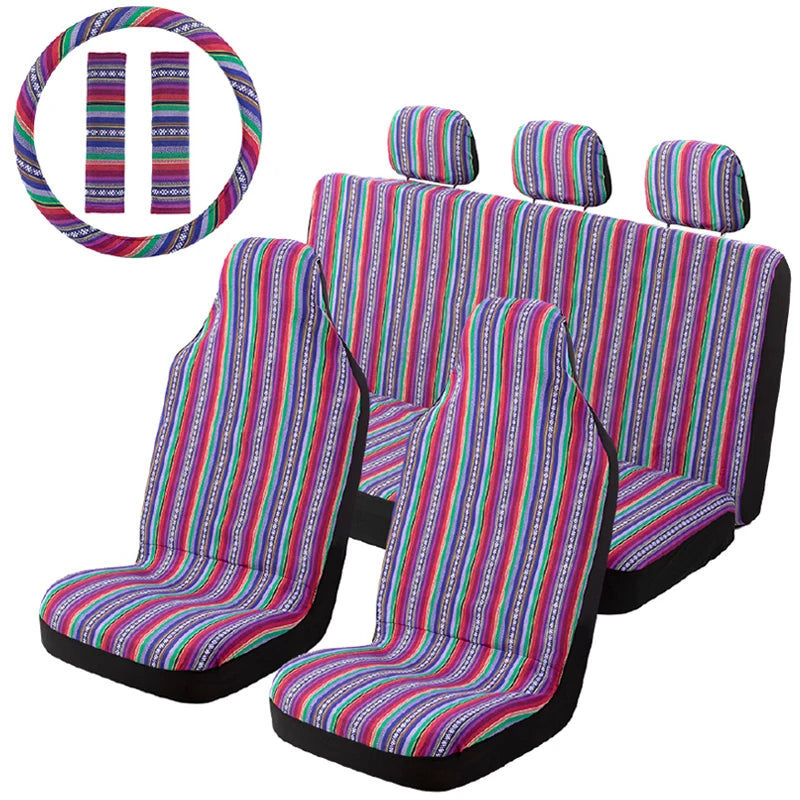AUTO PLUS Striped Car Seat Covers Full Set with Seat Belt Pads Steering Wheel Cover Universal Washable Seat Covers for Cars by PDG ibma