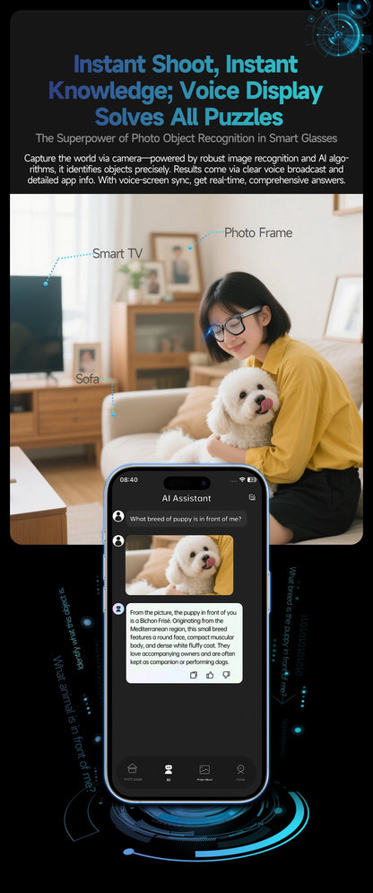 Nouvelles lunettes de soleil intelligentes : 8 millions de pixels, enregistrement vidéo, reconnaissance photo par IA, traduction des réponses, batterie 290 mAh, Bluetooth.