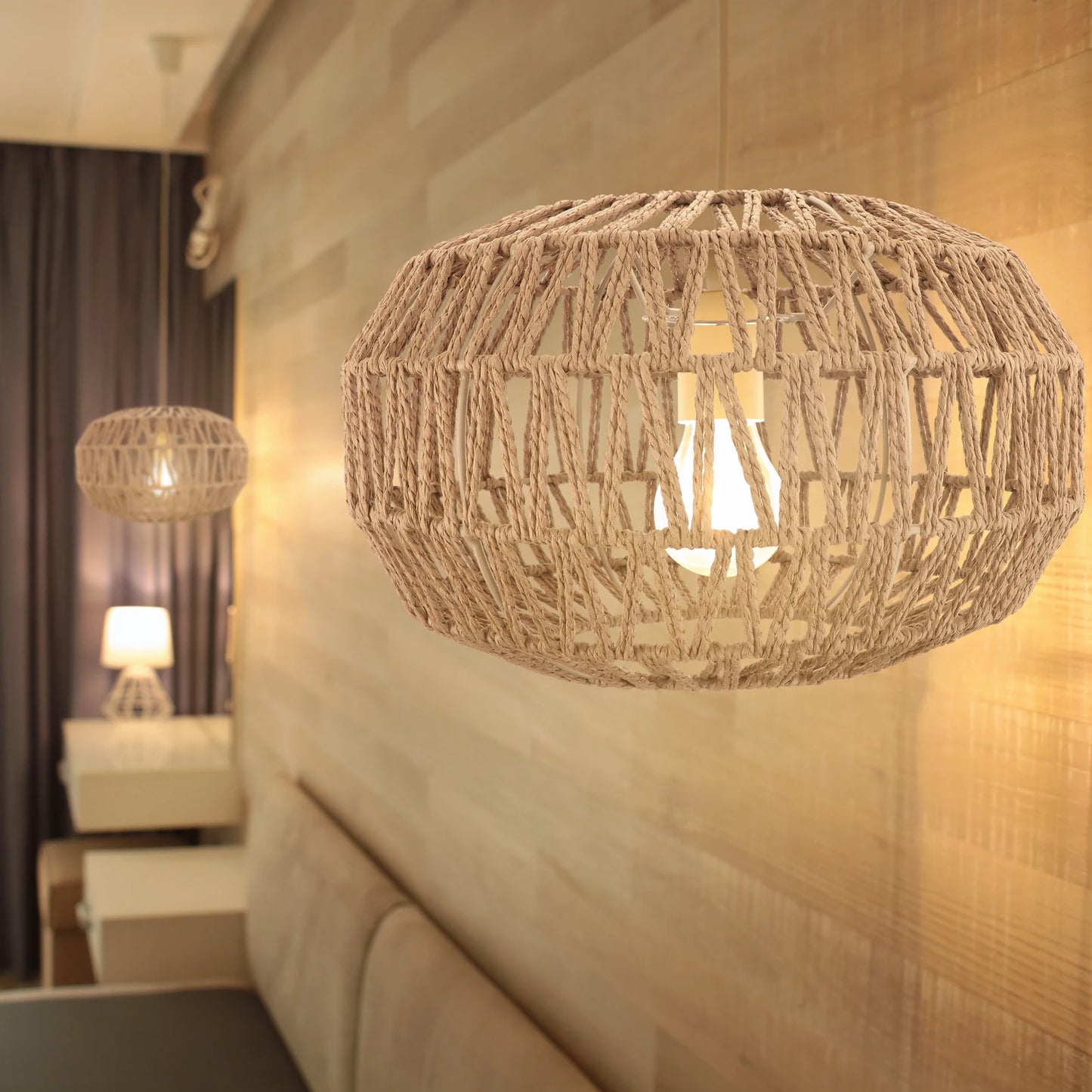 Woven Pendant Lamp Shade Hanging Light Cover for Home Restaurant Living Room Boho Handwoven Lampshade Light Fixture Bedroom