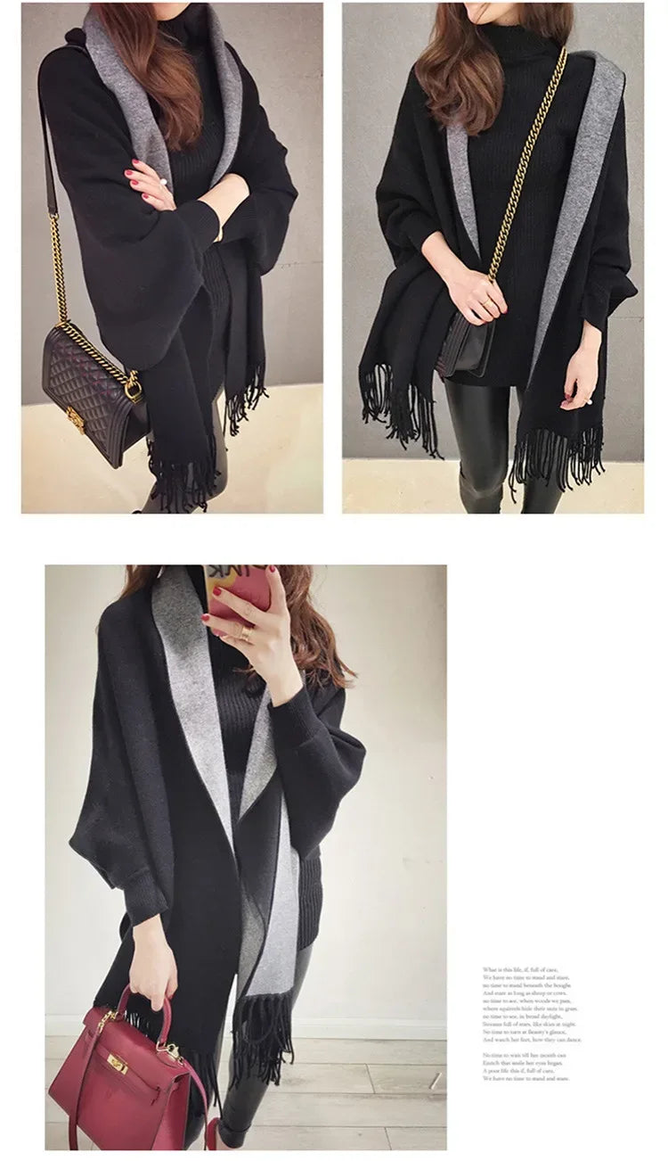 Autumn Winter Tassel Long Sweater Cardigans Casual Korean Long Sleeve Cloak Patchwork Knitwear Coats Outwaer LMFS-LM-8015