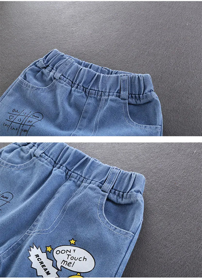 Spring Autumn Children Jeans  Boys Cotton Print Splice Stretch Denim Pants Korean Teenage Trousers Wear Kids ClothingDenimRipped