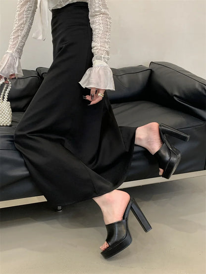 Liyke Sexy Thick High Heels Platform Slippers Black White Cozy PU Leather Open Toe 12CM Women Shoes Sandals Pumps Zapatos Mujer