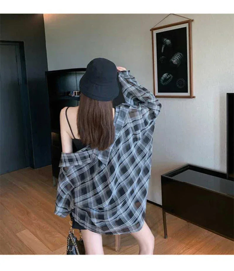 2024 Summer Autumn New Women's Shirt Thin Casual Street Style Shirt Outer Top Checkered Shirt Cardigan Coat for Women