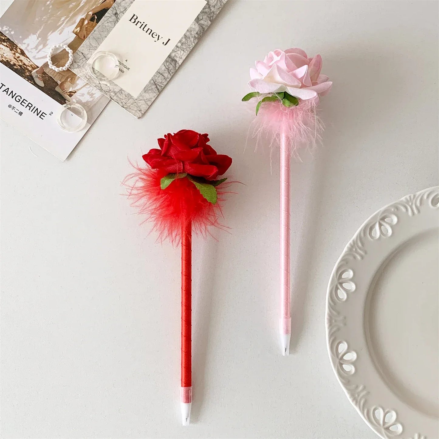 10pcs/set Simulated Rose Shaped Ballpoint Pen Valentine's Day Desktop Decoration Supplies Student Writing Supplies Set