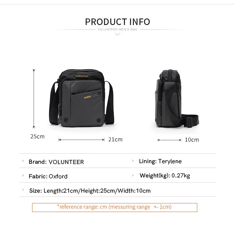 VOLUNTEER Shoulder Bag for Men New Light Weight Commuter Fashion Oxford Cloth Versatile Solid Phone Crossbody Bags Man 1698-08