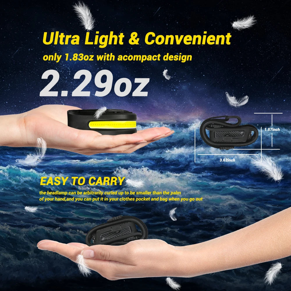 USB Rechargeable Head Torch Induction Headlamp COB LED Sensor Head Lamp Built-in Battery Flashlight 5 Lighting Modes Headlight