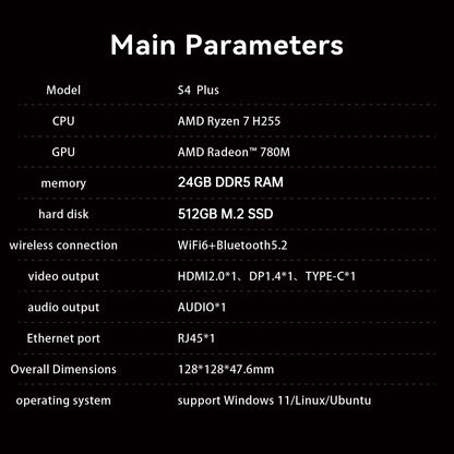 SOYO S4 Plus Mini PC AMD Ryzen 7 H255 CPU 24G DDR5 RAM (Upt 64GB)512GB SSD PCIE3.0 NVME WIFI6 BT5.2 Dual 4K@120Hz Gaming Computer