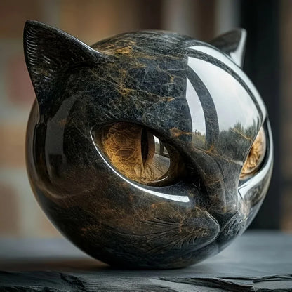 Cat Head Statue - Elegant Marble-like Glossy Resin Sculpture with Golden Eyes & Black Marble Texture,Desktop Decor for Home/Offi