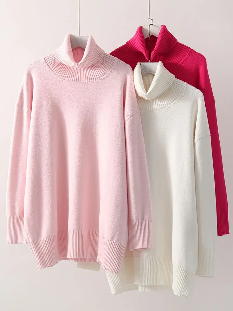 Winter Pink Turtleneck Sweaters Women Oversized Autumn Warm Women's Jumper Loose Basic White Turtleneck For Women Pullovers