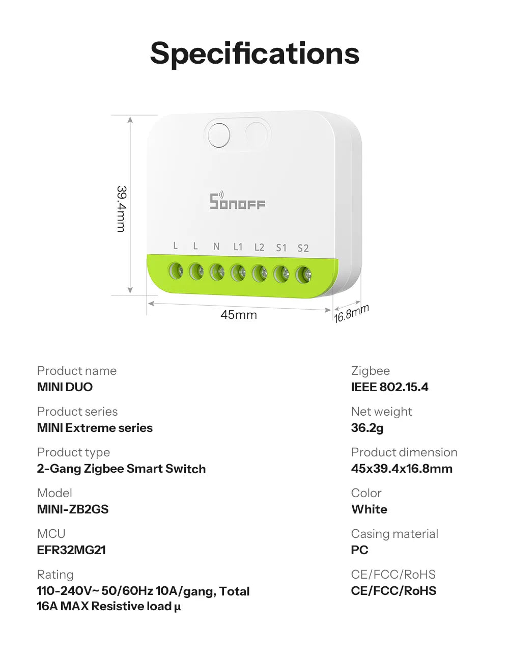 SONOFF MINI DUO 2-Gang Zigbee Smart Switch MINI-ZB2GS Small & Safe Dual-Load Control Supports External Switch Require zigbee hub