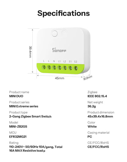 SONOFF MINI DUO 2-Gang Zigbee Smart Switch MINI-ZB2GS Small & Safe Dual-Load Control Supports External Switch Require zigbee hub