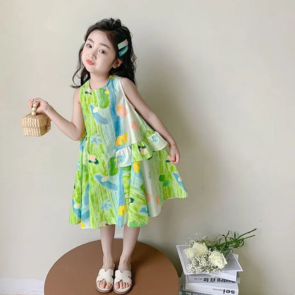 2Pcs Summer Kids Girl White Dress Sets Korean Princess Baby Sleeveless Skirt Hollow Cotton Chidlren Outfits Two Pieces Clothes