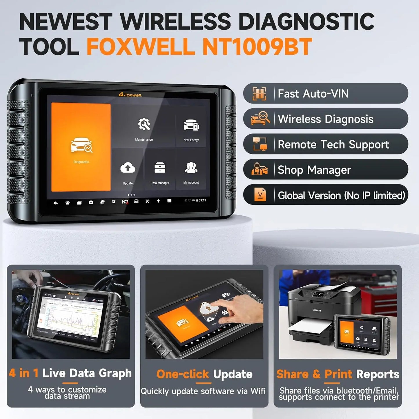 FOXWELL NT1009 OBD2 Car Scanner All System ECU Coding Bidirectional CANFD DOIP Topology Mapping 36+ Reset Auto Diagnosis Tools