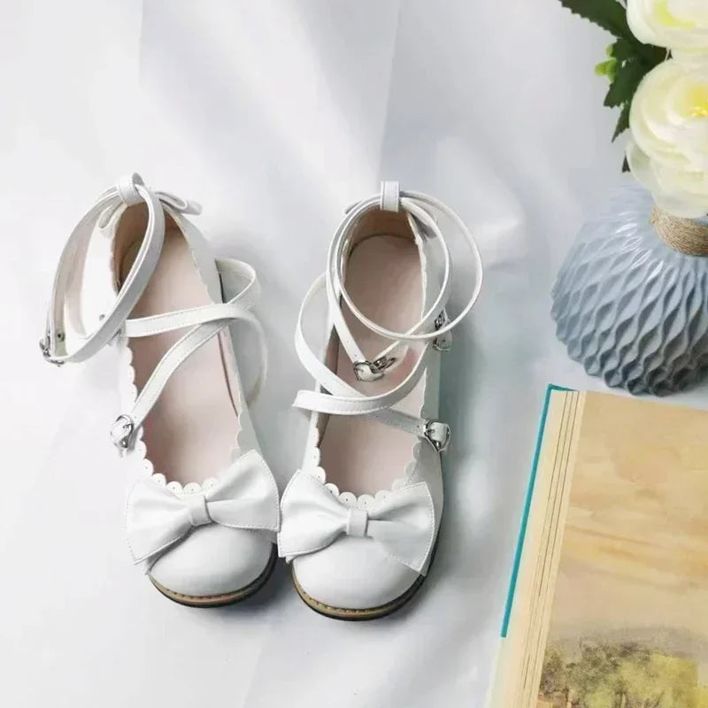 Lolita Shoes Women Flats Low Round With Cross Straps Bow Cute Girls Princess Tea Party Shoes Students Lovely Shoes Size 34-41