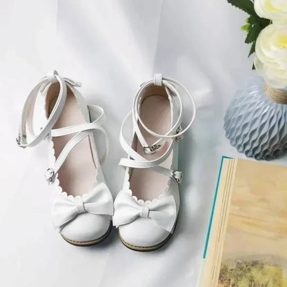 Lolita Shoes Women Flats Low Round With Cross Straps Bow Cute Girls Princess Tea Party Shoes Students Lovely Shoes Size 34-41