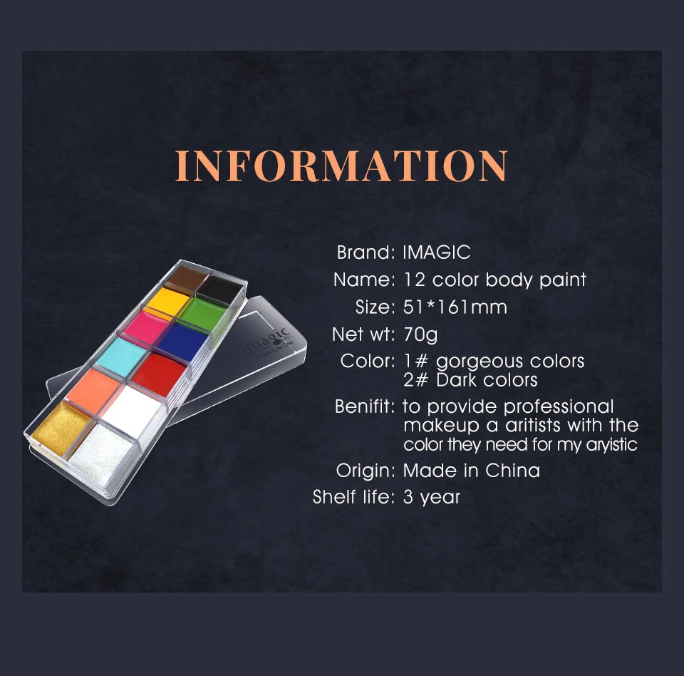 IMAGIC 12Colors Face Body Art Safe Kids Flash Tattoo Painting Halloween Christmas Party Makeup Drawing Pigment Drama Beauty Tool