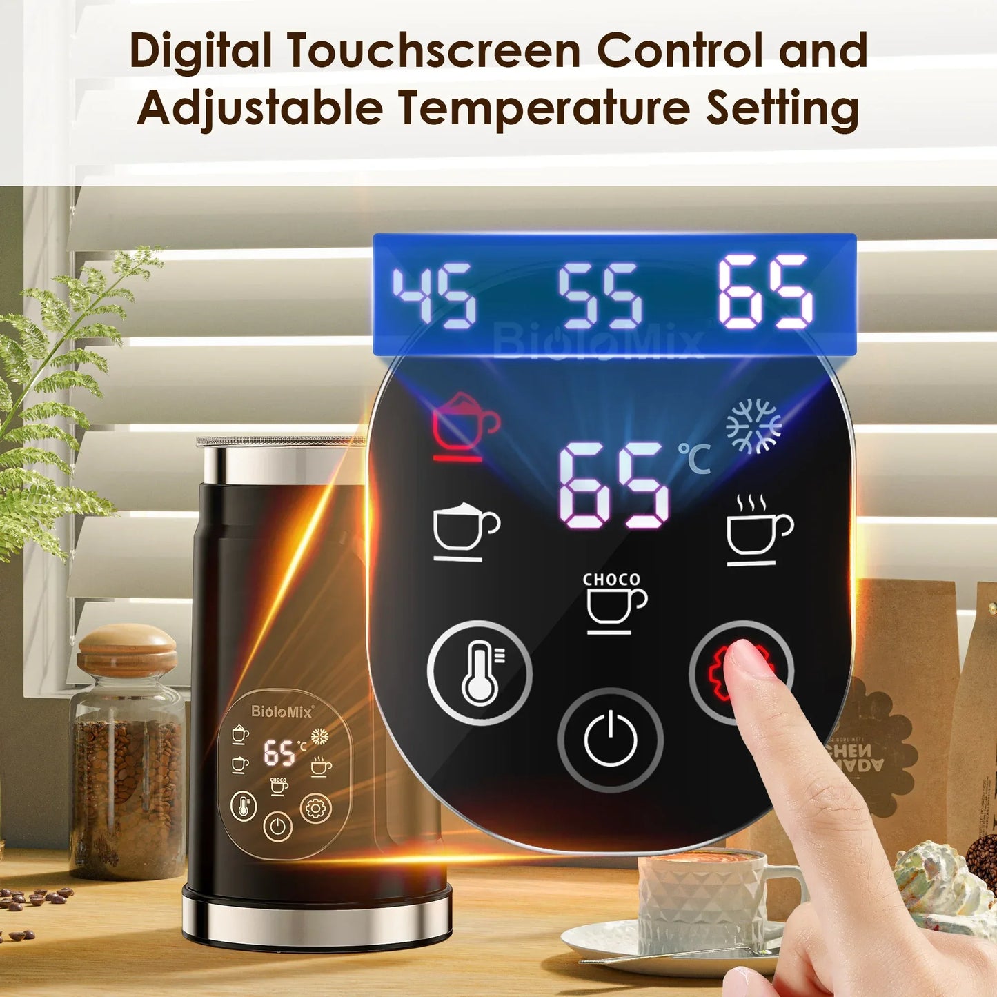 BioloMix 5-in-1 Milk Frother with Upgraded LED Display Touch Screen - Hot And Cold Foam Maker Milk Warmer for Coffee Latte