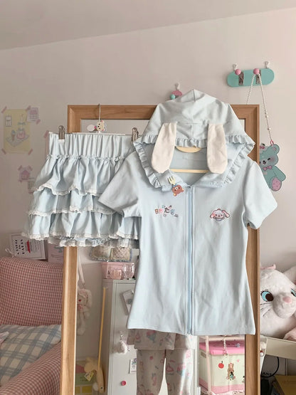 Japanese Kawaii Lolita 2-Pieces Set Women Sweet Rabbit Ear Zipper Hooded Tops + Cute Cake Mini Skirt Harajuku Y2k Outfits Summer