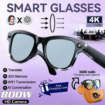2026 New 800W Camera 3600mAh Portable Charger Smart Glasses 100+language Translation Bluetooth Call Music Player AI Chat Glasses