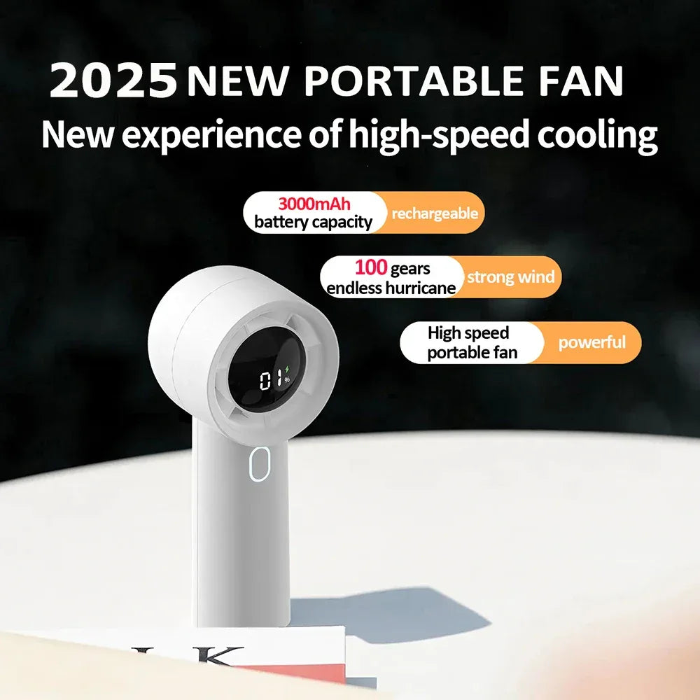 2025 New 3000mAh 100 Gears High Speed Fan Mini Air Conditioner Portable Fan Air Cooler with LED Display Screen Super Cool Wind