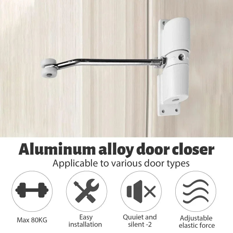180 Degree Automatic Door Closer Metal Adjustable Heavy Duty Safety Spring Silence Durable Convert Hinged Door Interior Exterior