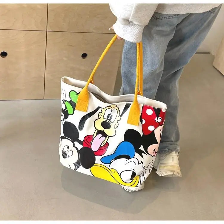 Cartoon Mickey Tote Bag Canvas Bag with Goofy Pattern Shoulder Bag Fashion Travel Large Capacity Canvas Bag Women Shopping Use