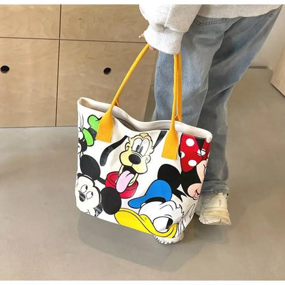 Cartoon Mickey Tote Bag Canvas Bag with Goofy Pattern Shoulder Bag Fashion Travel Large Capacity Canvas Bag Women Shopping Use