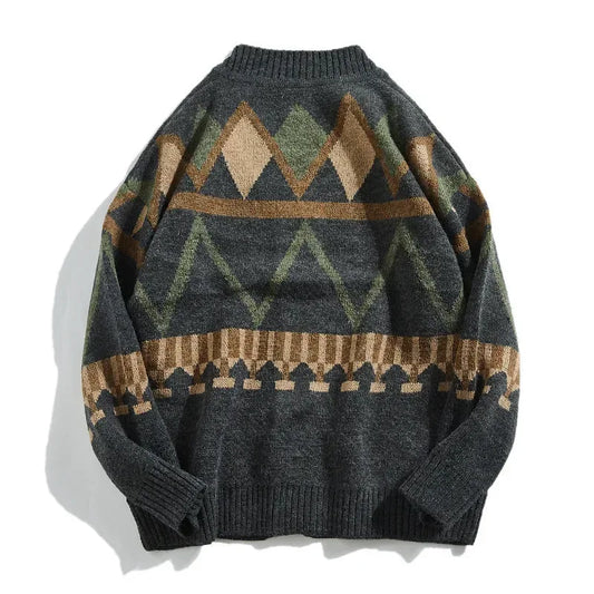 Vintage Japanese Men's Sweater Loose Fit V-neck Knitted Top Casual Cardigan Jacket Trendy Spring Autumn Color Blocking