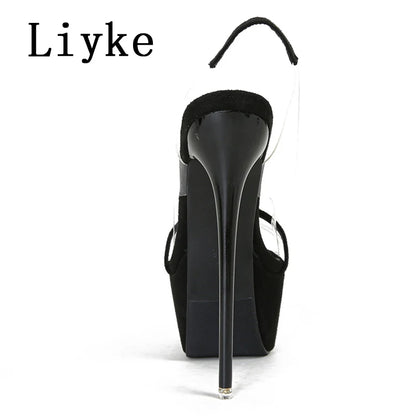 Liyke Model Catwalk Extreme High Heels Sexy 16 CM Transparent Sandal Women Snake Print Open Toe Slip-On Back Strap Platform Shoe