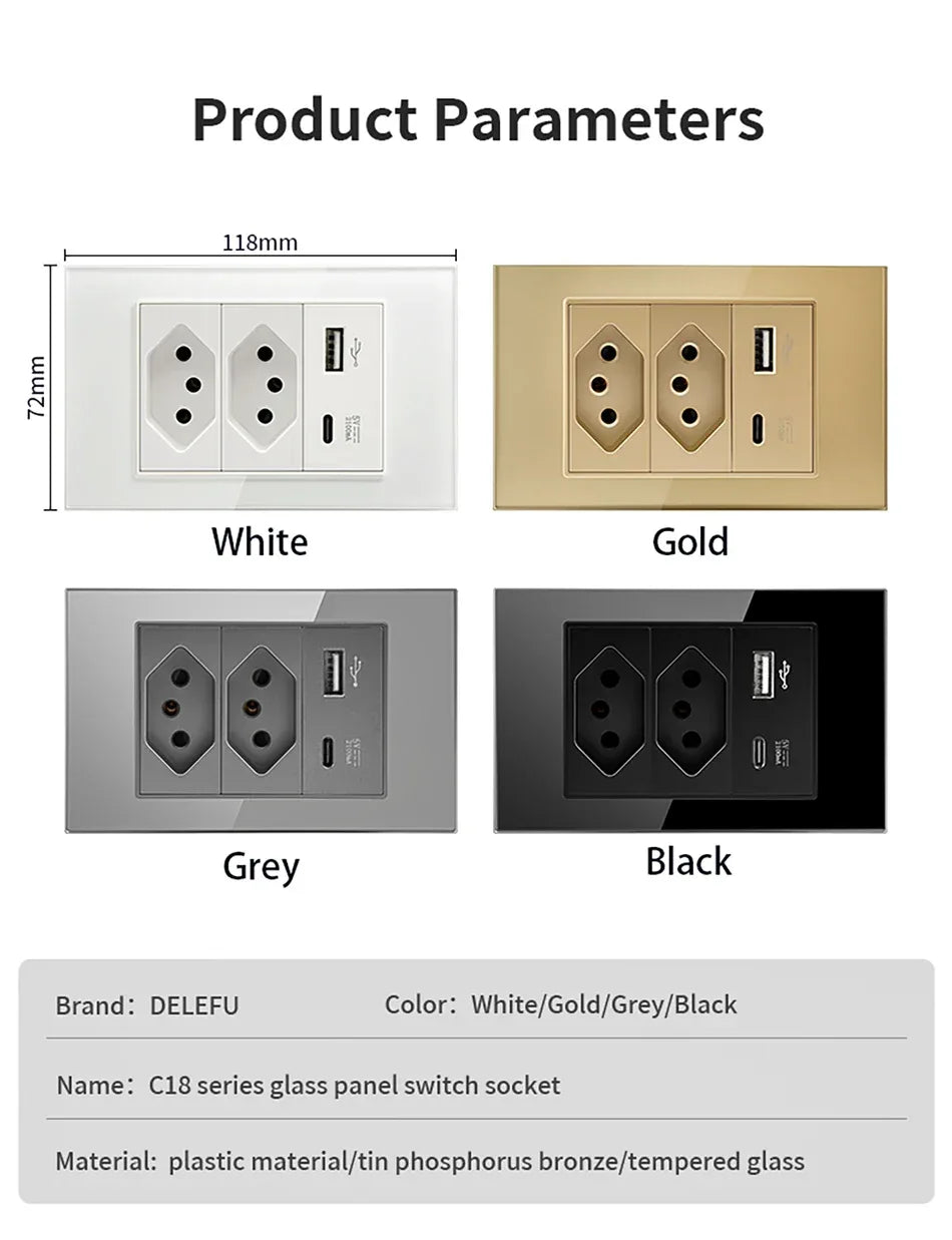 DELEFU 4*2 White Tempered Glass Brazil Standard Outlet with Double USB Type C Wall Power Socket Smart Switch Tuya Wifi 10A 20A