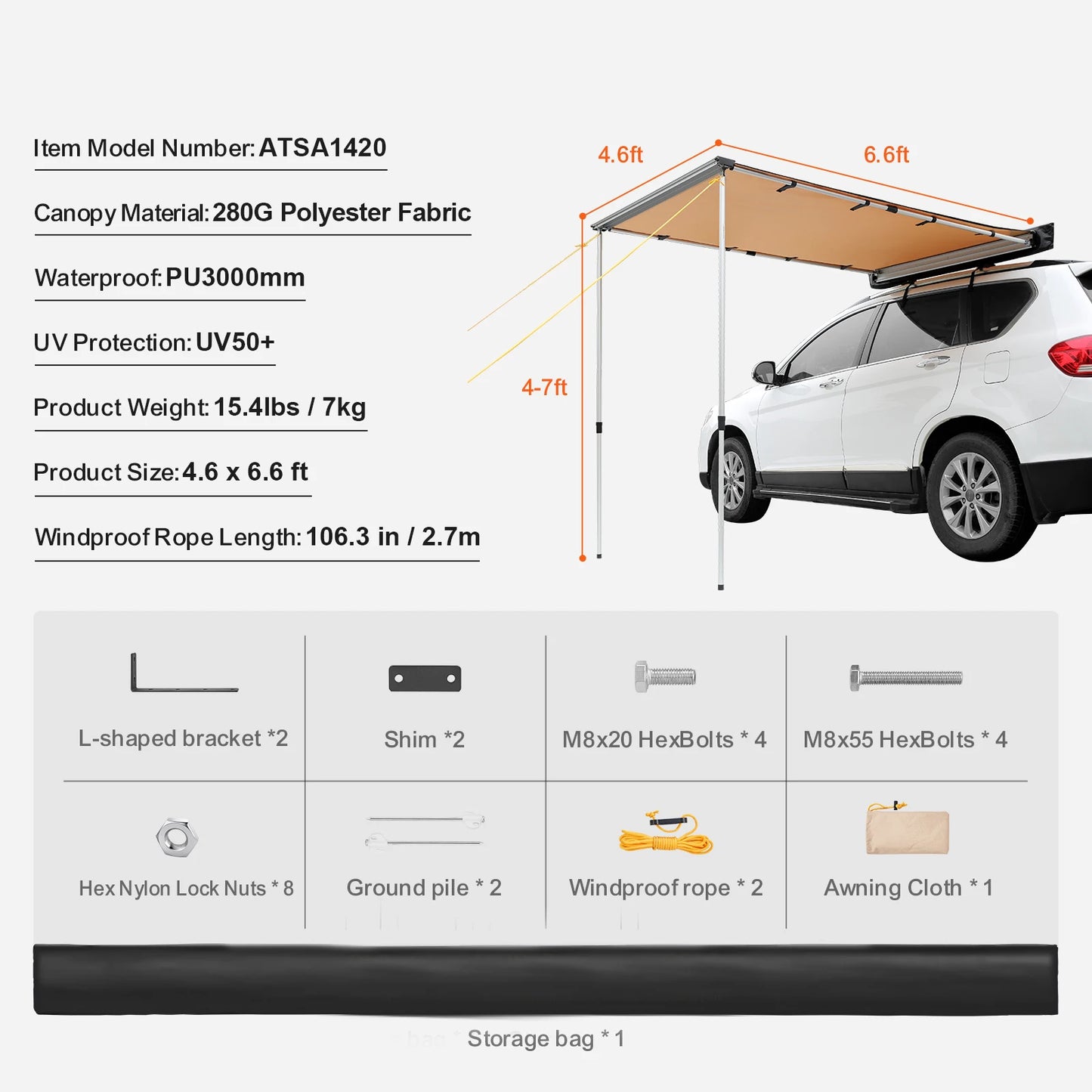 VEVOR Vehicle Awning  Retractable Car Side Awning Car Awning with Waterproof Storage Bag  Suitable for Truck SUV Van Campers