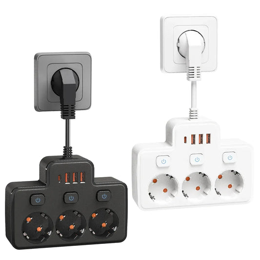EU Plug AC Power Strip Wall Independent Switch 2500W European Standard Plug Outlet With USB Type-C Ports Charging Network Filter