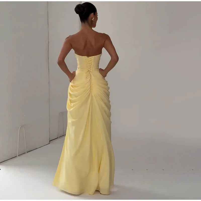 Butter Yellow Mesh Splicing Long Dress Elegant Strapless Split Backless Pleated Gowns For Women 2026 Lady Evening Party Gowns