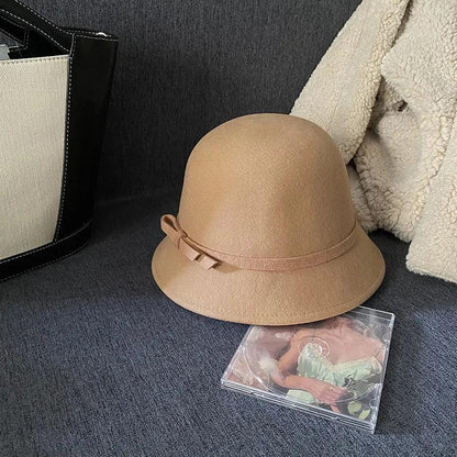 2024 Autumn Spring Fedoras Women Hat Elegant Vintage Bowknot Wool Ladies Hat Dome Felt Wedding Church Jazz Cap Female Bow Bowler