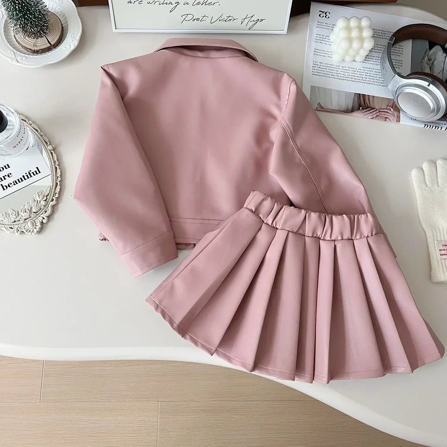 2024 Girls Baby Spring Autumn Winter PU Clothing Set Fashion Kids Leather Zipper Jackets+skirts Children 2pcs Birthday Clothes
