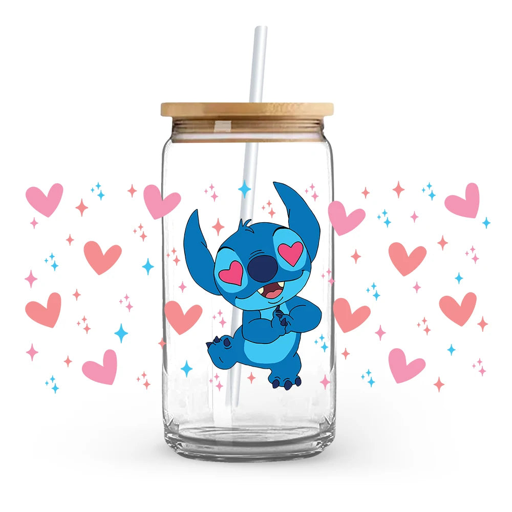 Valentine's Day cartoon Mickey Minnie Stitch Love 16oz Glass Cup UV DTF Transfer Film High-Quality Wraps Transfer Decals