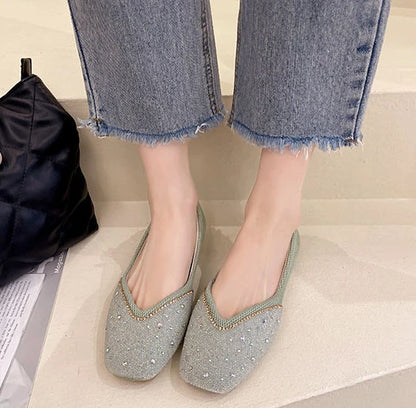 Shoes for Woman 2025 Diamond Flats Women's Summer Footwear Flat Square Toe Pink with Crystals Rhinestone Office 39 Beau Today E