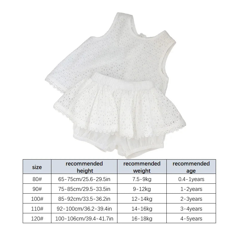 2Pcs Summer Kids Girl White Dress Sets Korean Princess Baby Sleeveless Skirt Hollow Cotton Chidlren Outfits Two Pieces Clothes