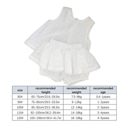 2Pcs Summer Kids Girl White Dress Sets Korean Princess Baby Sleeveless Skirt Hollow Cotton Chidlren Outfits Two Pieces Clothes
